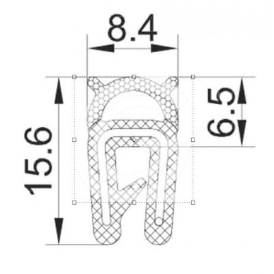 Klemprofiel | EPDM | mosrubber kraal top | zwart | 15,6 x 8,4 mm | klem 1,0 - 2,0 mm | per meter